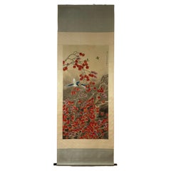 Pergamino chino del siglo XX con pájaros y flores pintado a mano - Marcado Zhang Daqian