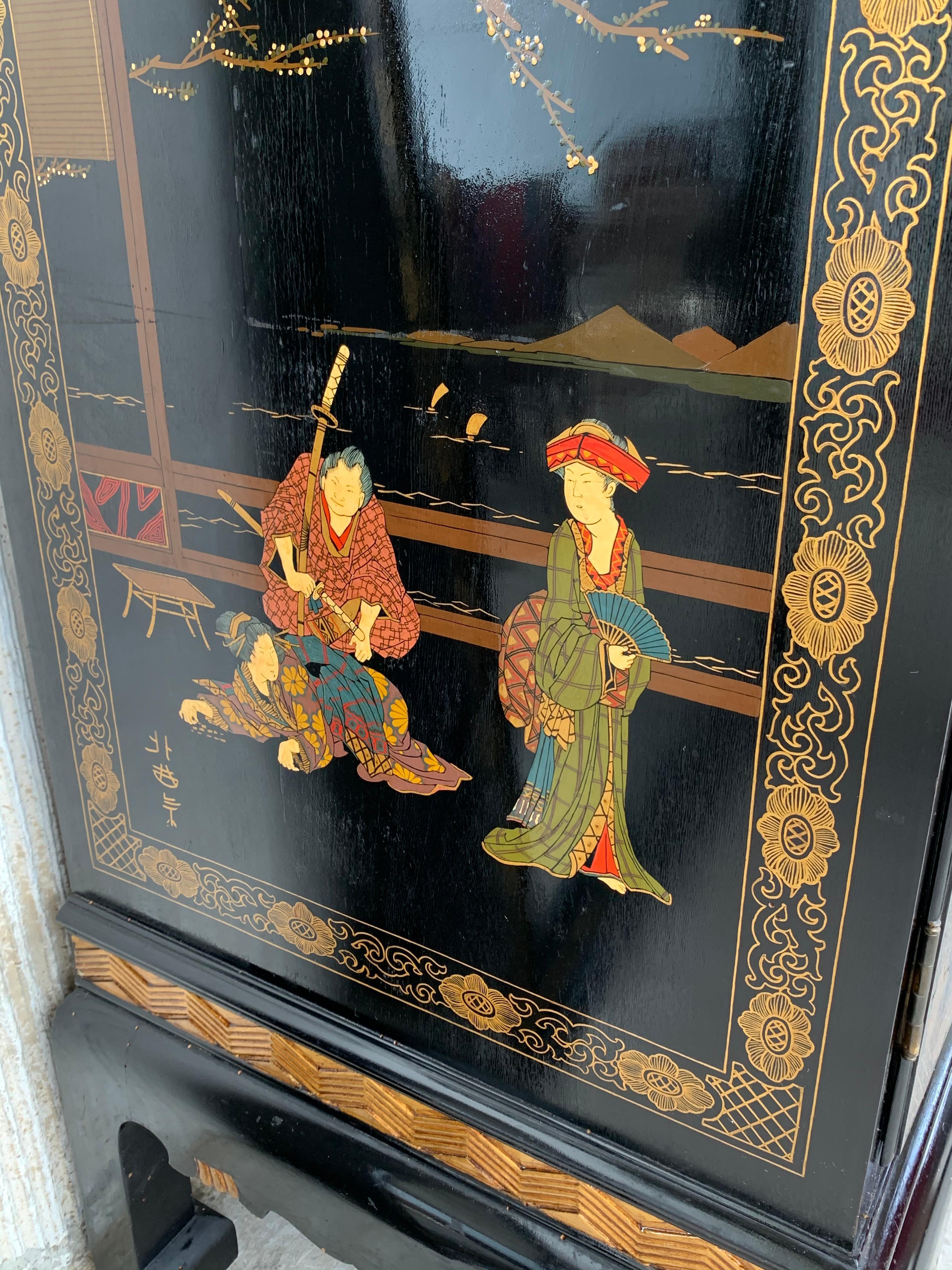 20th Century Chinese Black Lacquer and Hand Painted Mirror 8