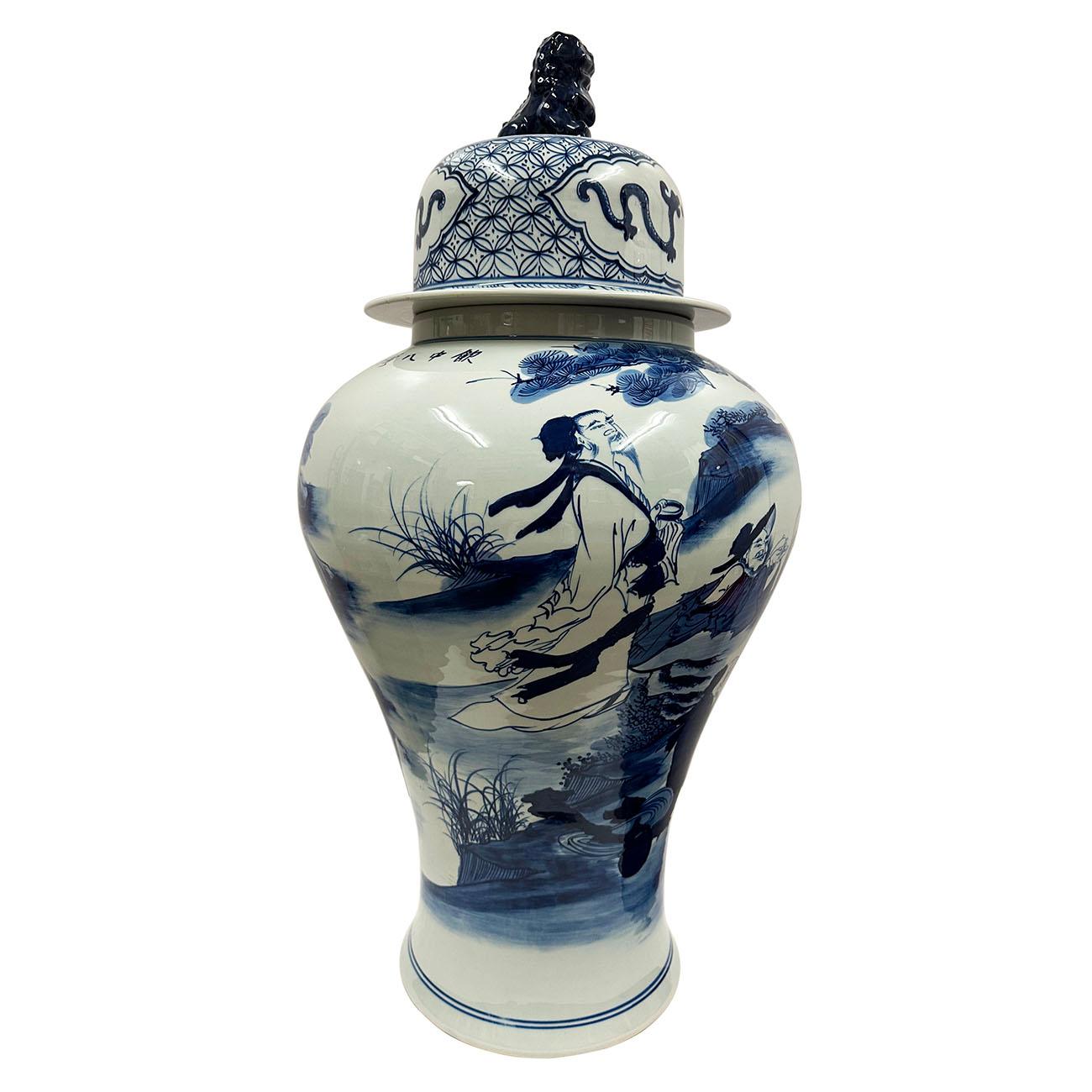 Chinesisches blau-weißes Porzellan- Ingwerglas aus dem 20. Jahrhundert (Handbemalt) im Angebot