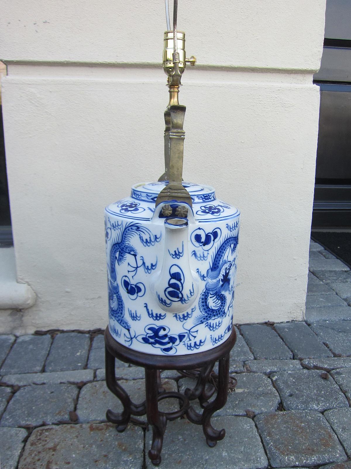 20th Century Chinese Blue & White Porcelain Jumbo Teapot as Lamp In Good Condition In Atlanta, GA