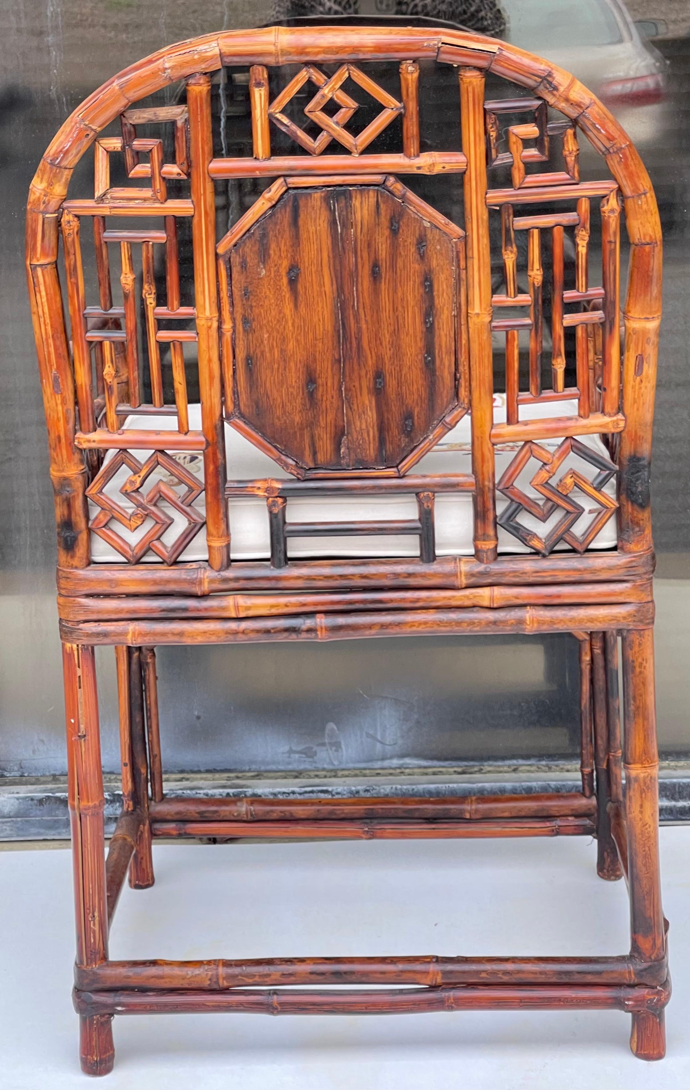 Upholstery 20th Century Chinese Burnt Bamboo Brighton Style Arm Chair For Sale