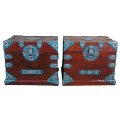 20th Century Chinese Camphor Wood Cloisonne Bound Blanket Chest Trunk Pair