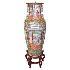 Antique 20th Century Chinese Cantonese Rose Medallion Famille Rose Gilded Floor Vase