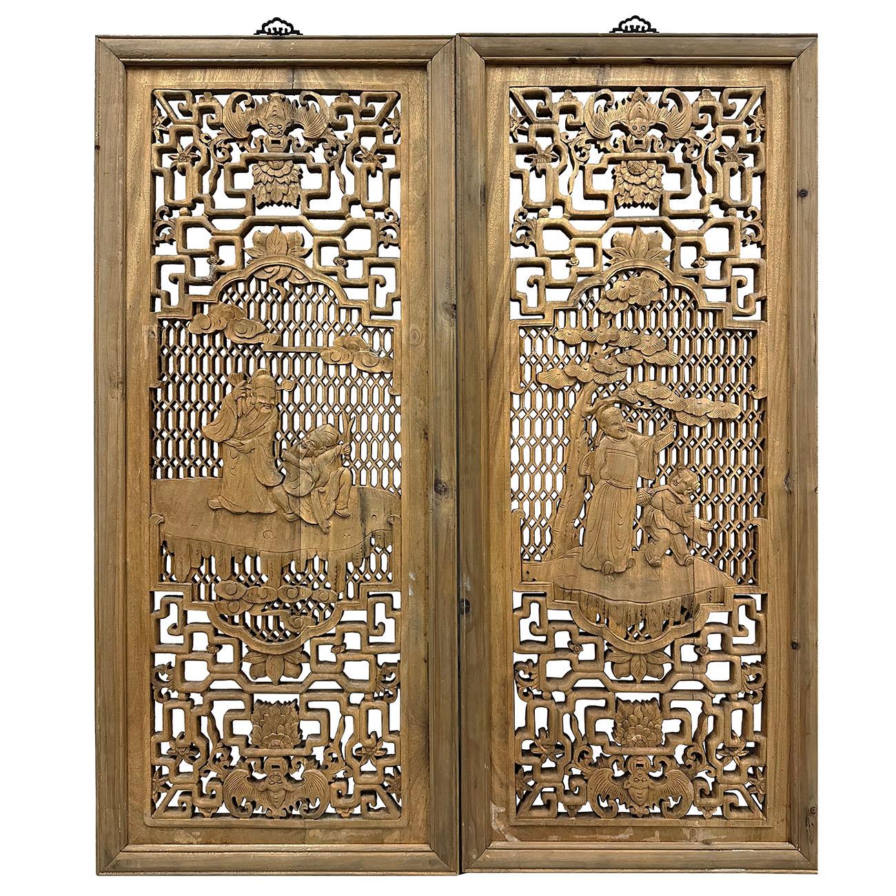 This is a set of 4 panels of Chinese open carved wooden panels. They were made from Camphor wood which has its unique fragrant and keep the bugs away, solid and sturdy. It features beautiful detailed open carved Chinese traditional design on each