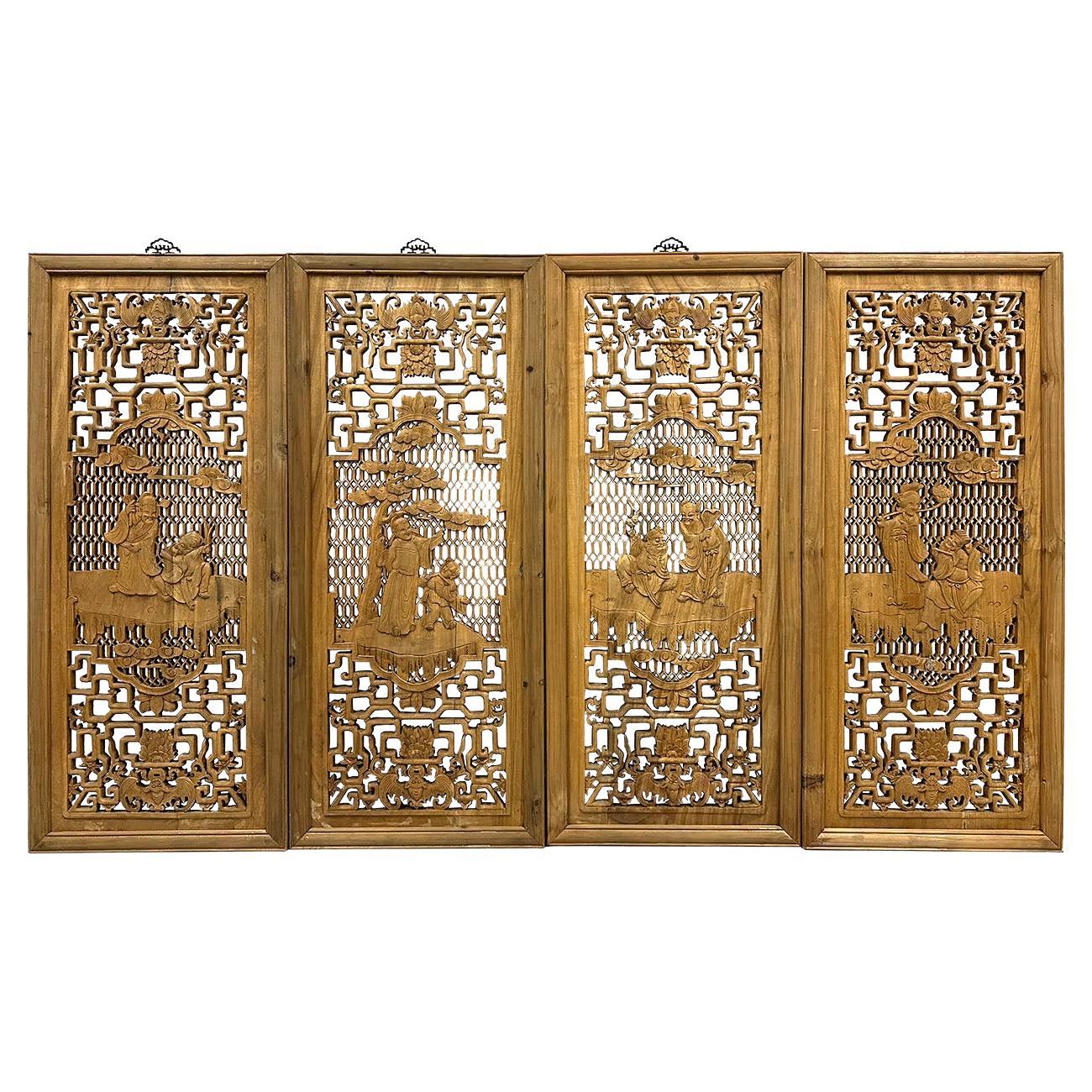 20th-Century Chinese Carved 8 Immortal Figures Wooden Panels -Wall Hanging set