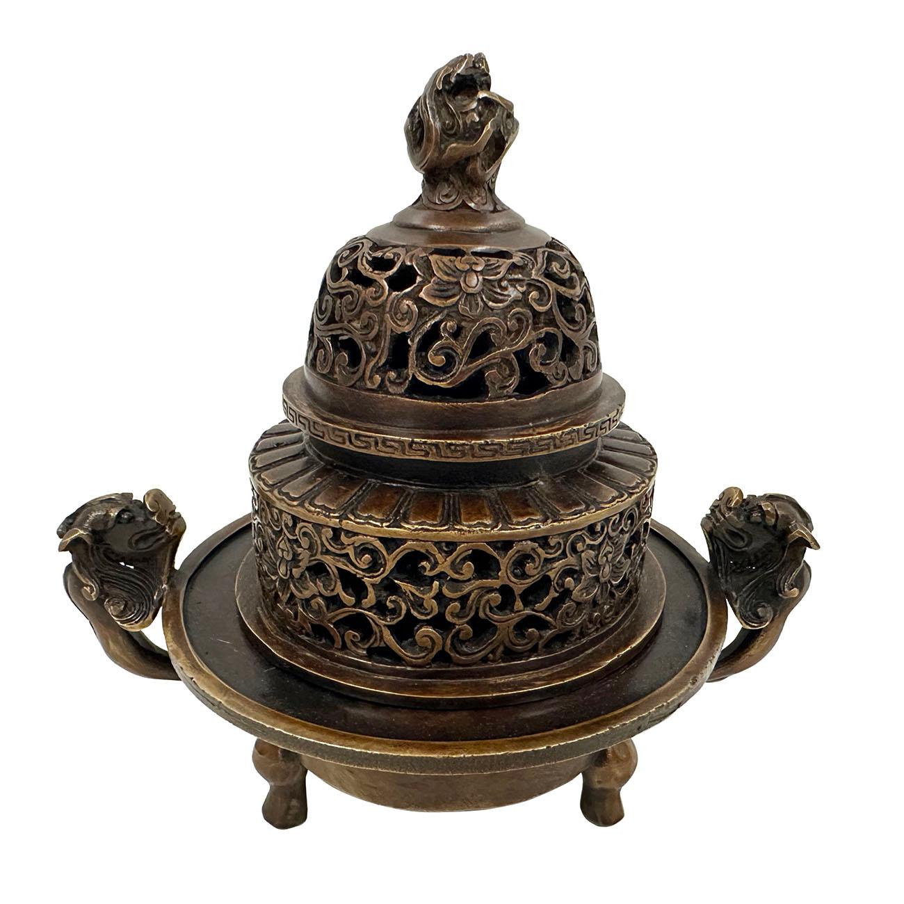 This magnificent Chinese Antique Carved Bronze incense burner has very detailed hand craft works around the body, a lot of open carved Buddhist floral pattern with dragon on lid and two dragons on the sides as the handles. From the pictures, you can