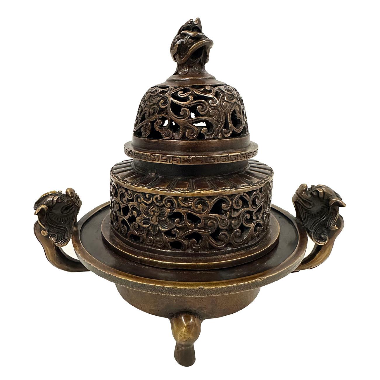 20th Century Chinese Carved Bronze Incense Burner For Sale 2