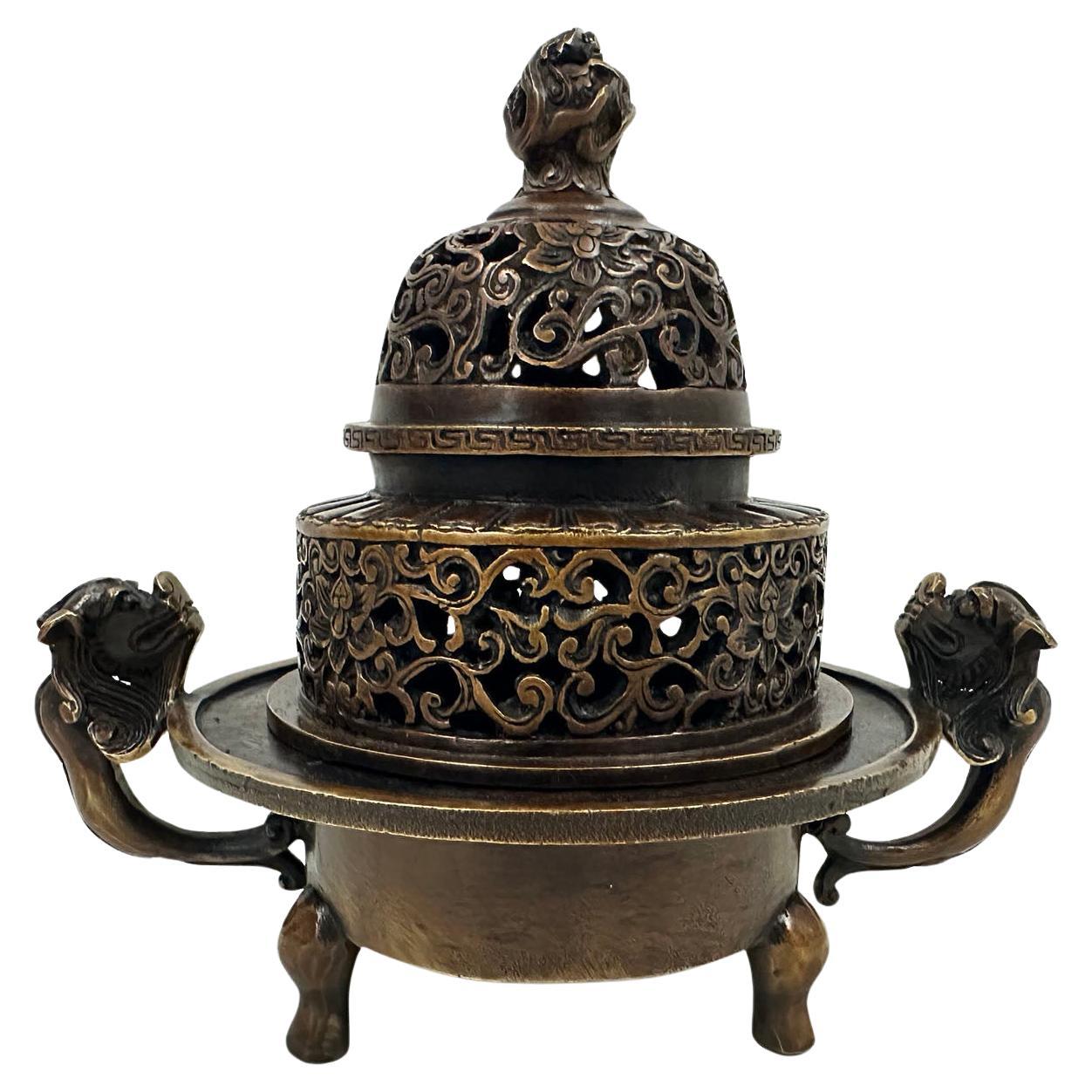 20th Century Chinese Carved Bronze Incense Burner For Sale