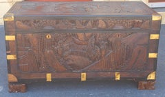 20th Century Chinese Carved Camphorwood Coffer with Brass Accents