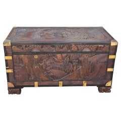 20th Century Chinese Carved Camphorwood Coffer with Brass Accents