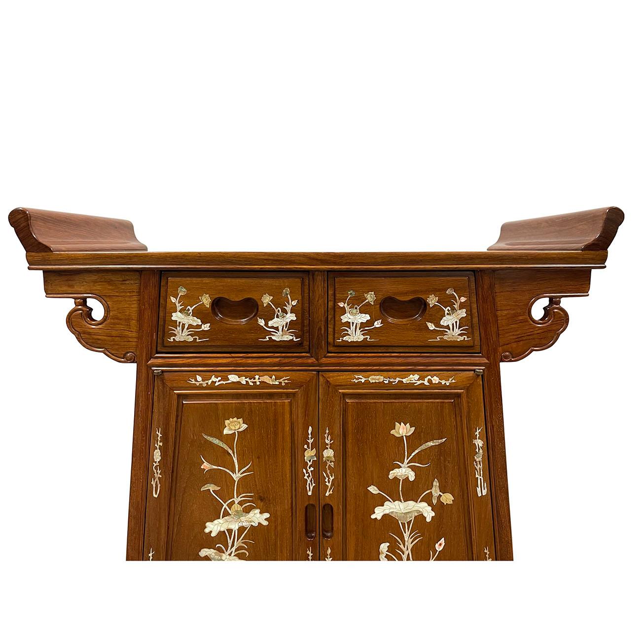 Chinese Export 20th Century Chinese Carved Hardwood Altar Cabinet with Mother of Pearl Inlay