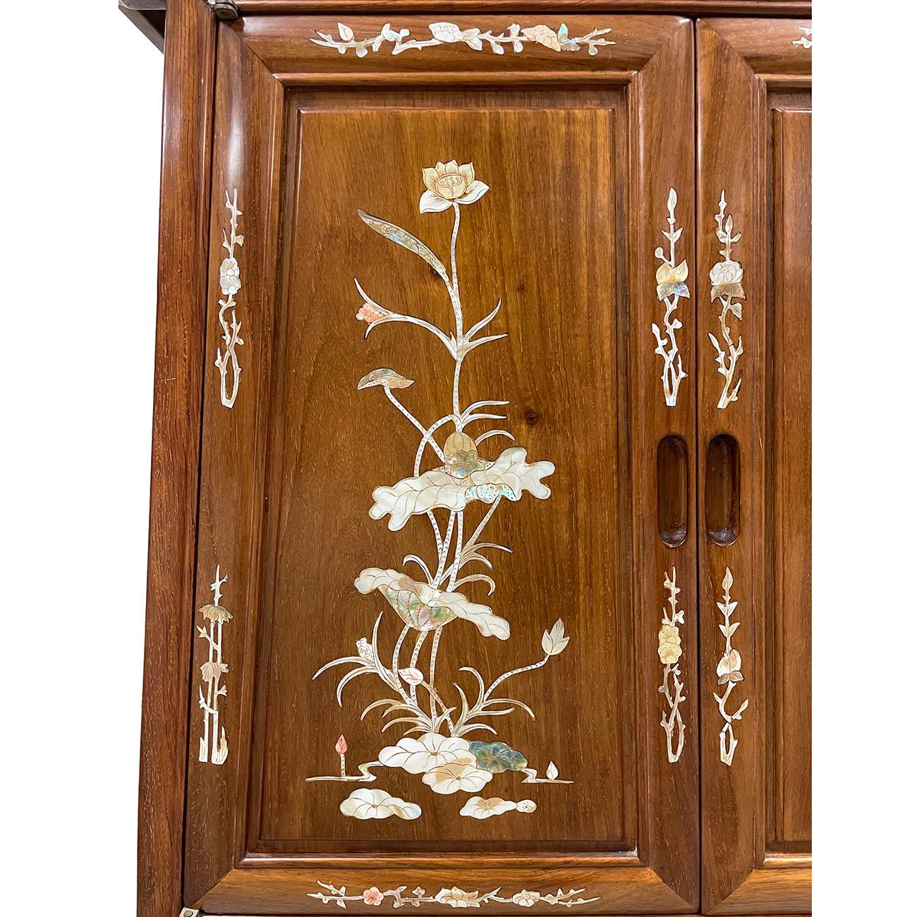 Wood 20th Century Chinese Carved Hardwood Altar Cabinet with Mother of Pearl Inlay