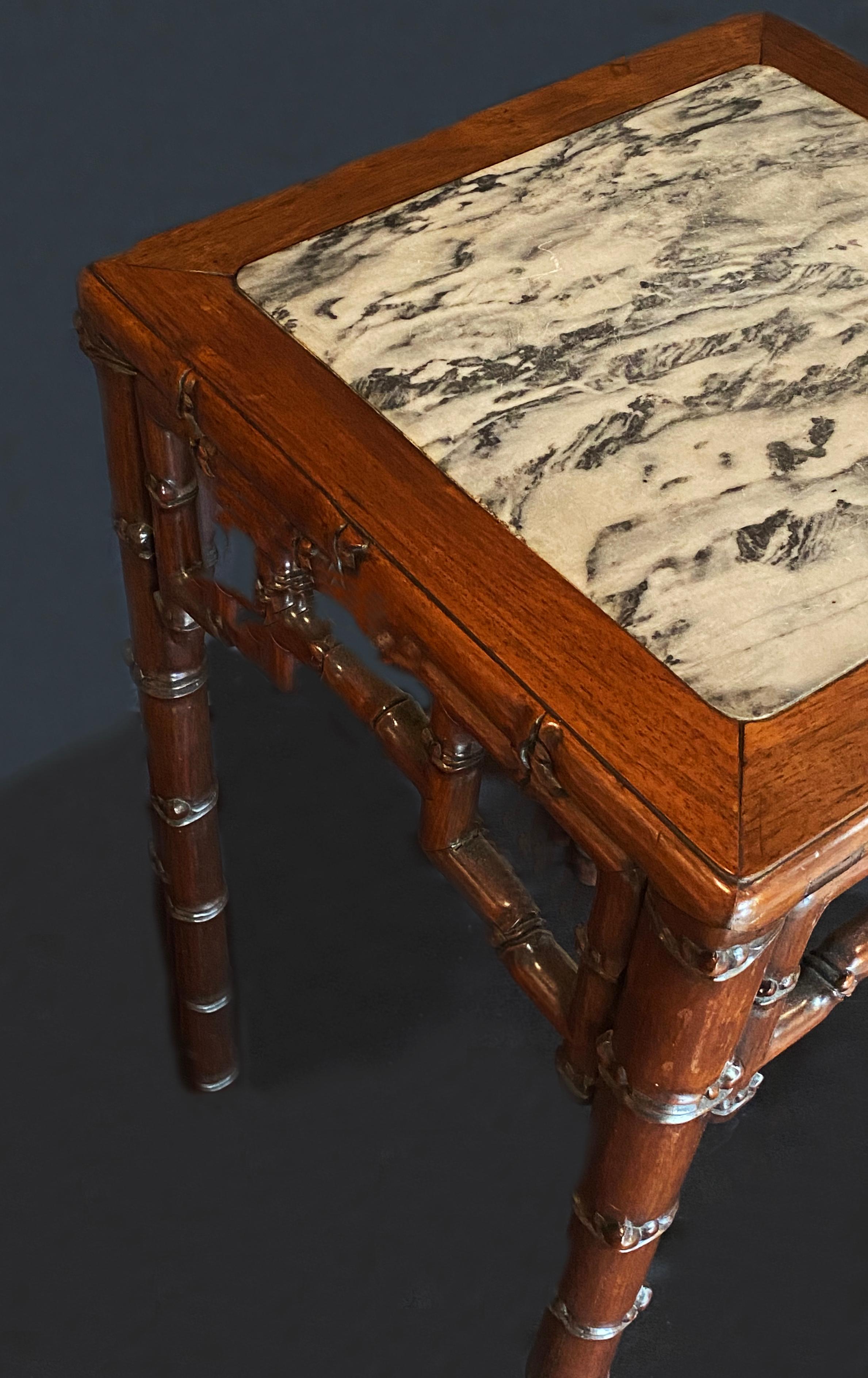 20th Century Chinese Carved Mahogany & White Marble Topped Side Table In Good Condition For Sale In Shrewsbury, GB