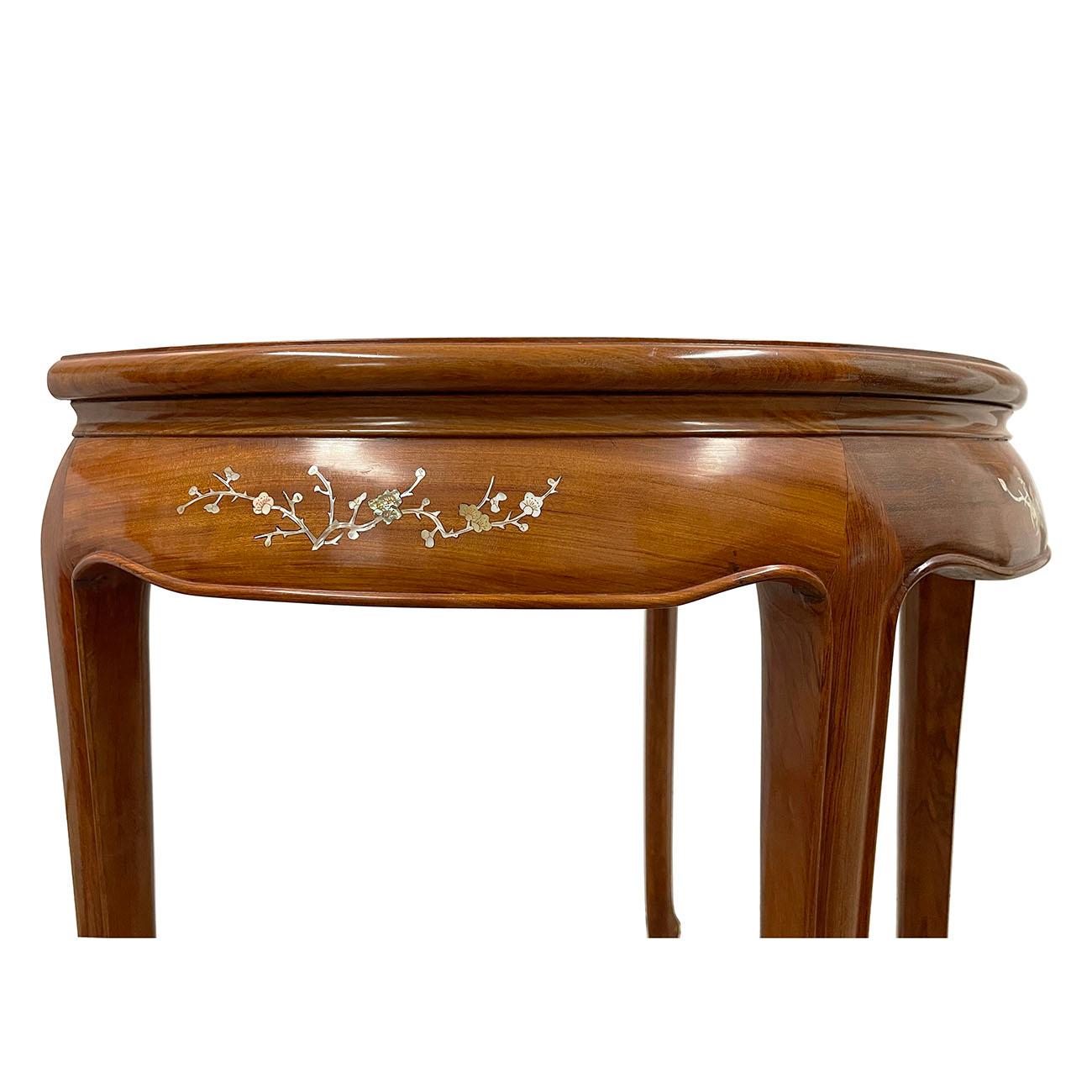 Chinese Export 20th Century Chinese Carved HuaLi Wood Half Moon Table w/ Mother of Pearl Inlay