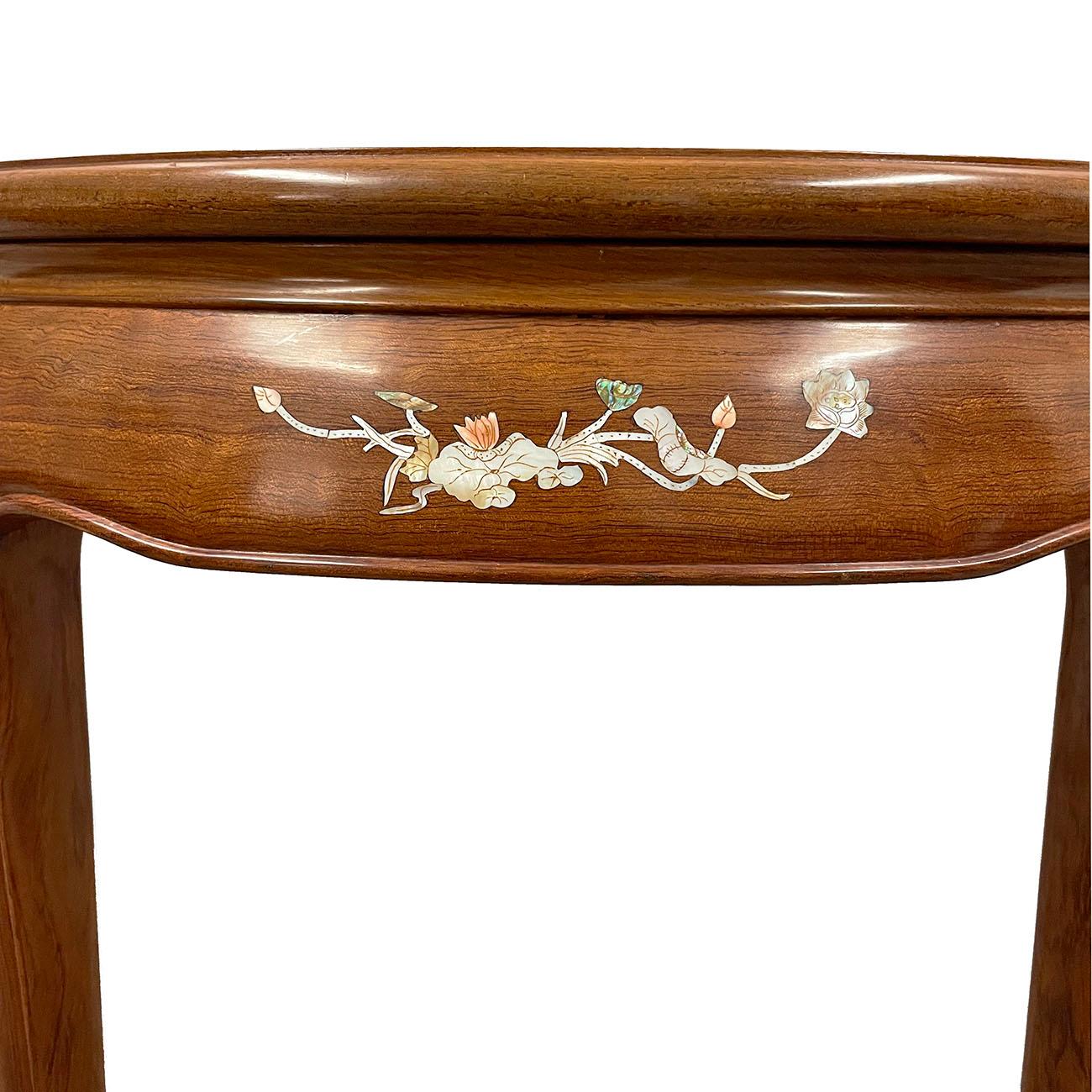 20th Century Chinese Carved HuaLi Wood Half Moon Table w/ Mother of Pearl Inlay In Good Condition In Pomona, CA