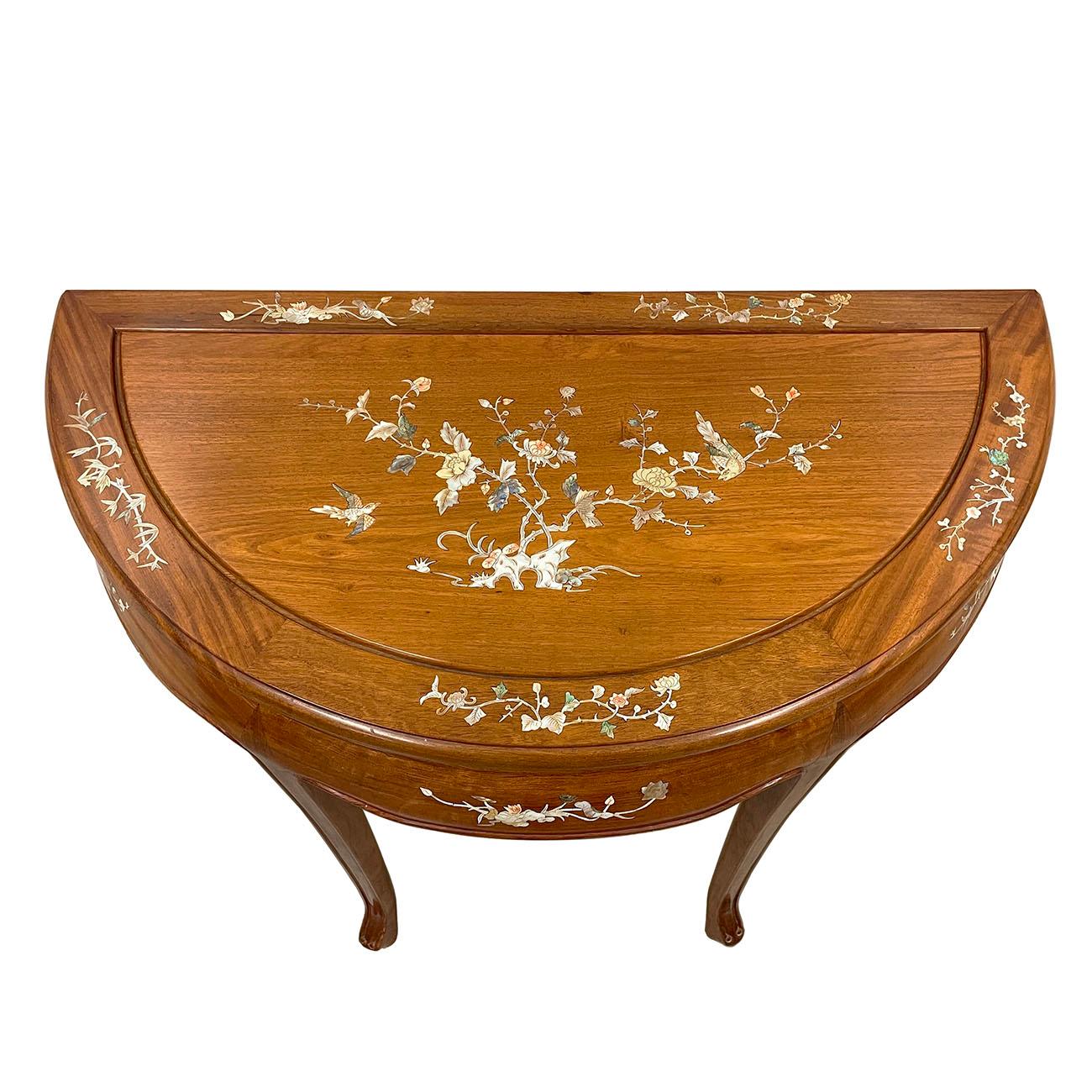 20th Century Chinese Carved HuaLi Wood Half Moon Table w/ Mother of Pearl Inlay 1