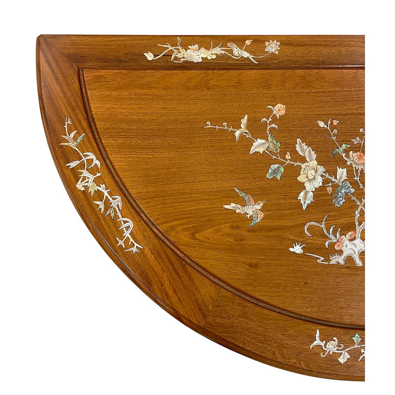 20th Century Chinese Carved HuaLi Wood Half Moon Table w/ Mother of Pearl Inlay 2