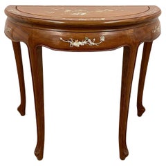 20th Century Chinese Carved HuaLi Wood Half Moon Table w/ Mother of Pearl Inlay