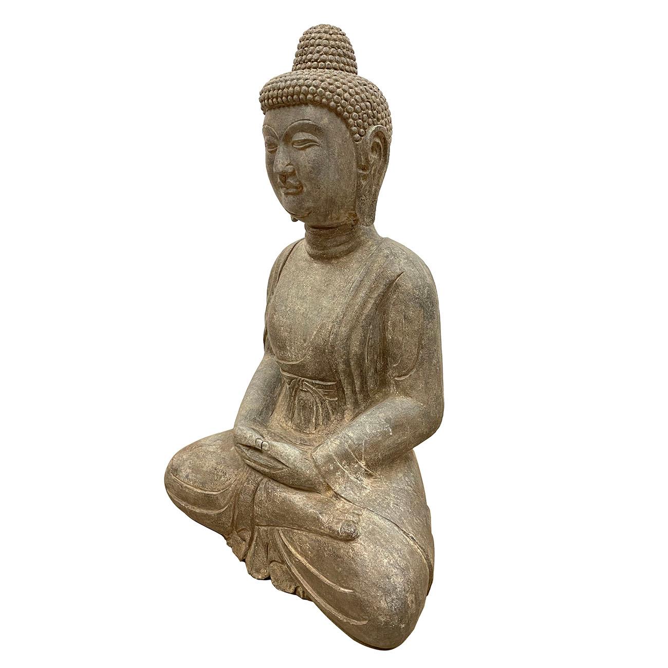 20th Century Chinese Carved Stone Meditation Amitabha Sakyamuni Buddha Statuary In Good Condition In Pomona, CA