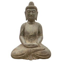 Antique 20th Century Chinese Carved Stone Meditation Amitabha Sakyamuni Buddha Statuary