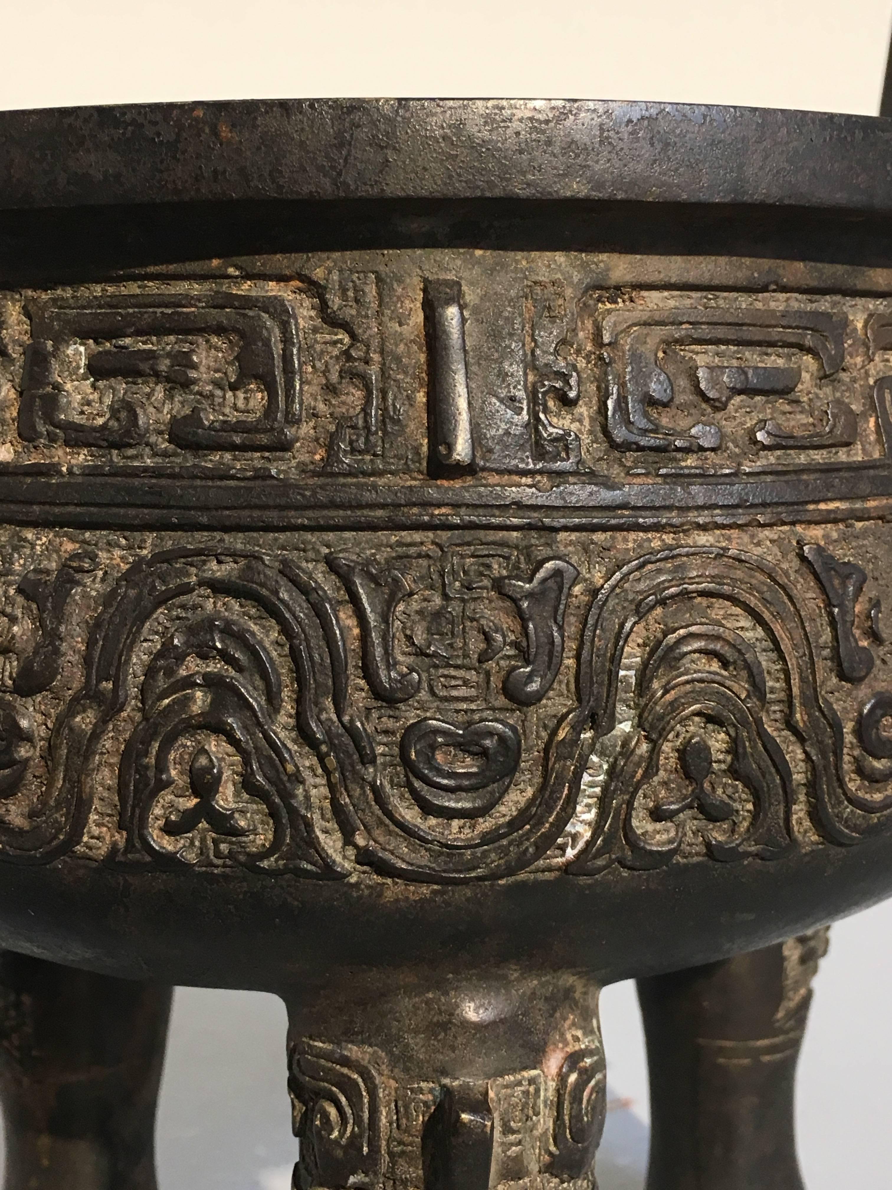 Lacquered Chinese Archaisit Cast Bronze Ding Tripod Censer, Early 20th Century, China For Sale