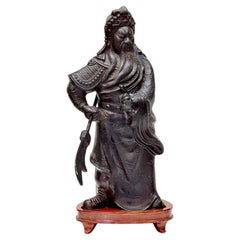 20th Century Chinese Cast Bronze Statue of Guan Yu with Guandao on Bespoke Stand
