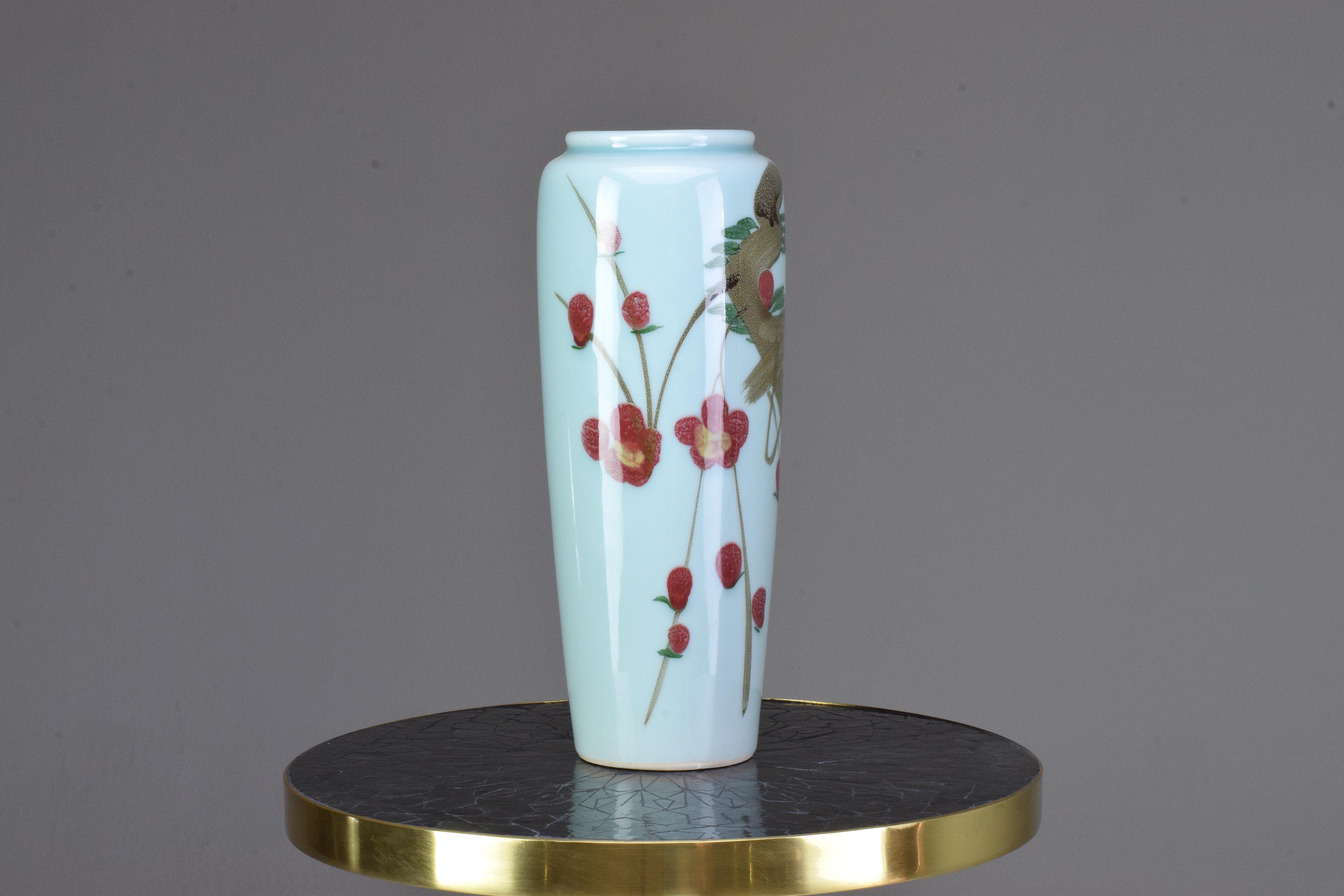 A late 20th century Chinese hand painted light blue ceramic vase with red flower patterns.
Signed at the bottom with the name of a famous mountain in China.



----------------------
We are an exhibition space and an online destination established