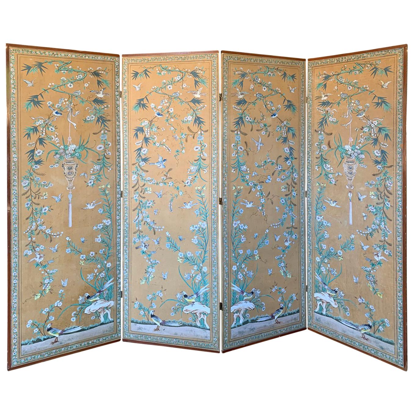 20th Century Chinese Chinoiserie Four-Panel Paper Screen