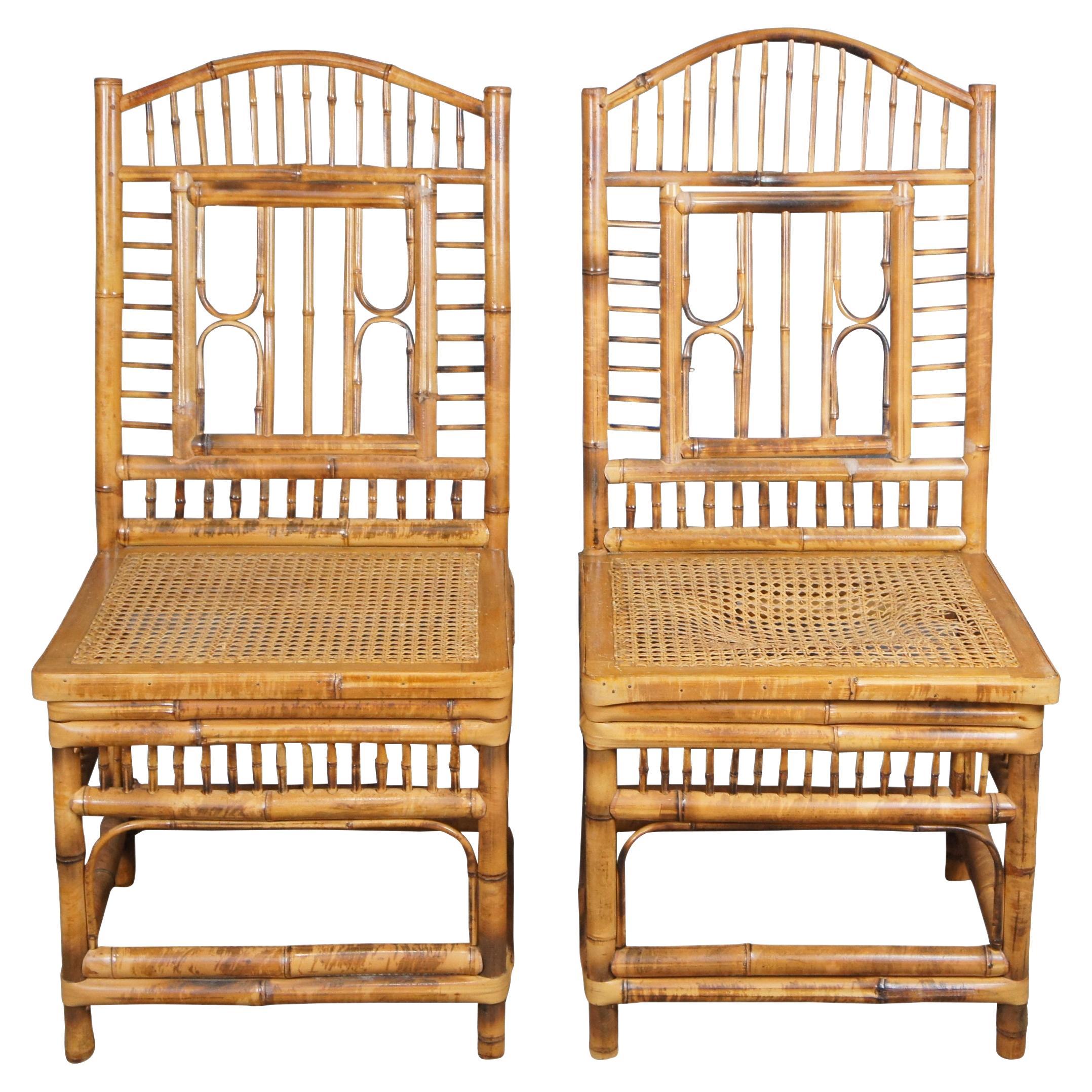 20th Century Chinese Chippendale Victorian Revival Bamboo Caned Side Chairs 