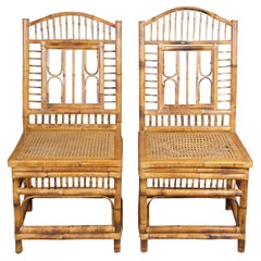 20th Century Chinese Chippendale Victorian Revival Bamboo Caned Side Chairs 