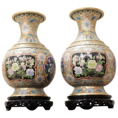 Antique 20th Century Chinese Cloisonné Pair of Vase in Gilded Bronze with Floral Motifs