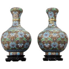 Antique 20th Century Chinese Cloisonné Pair of Vase in Gilded Bronze with Floral Motifs