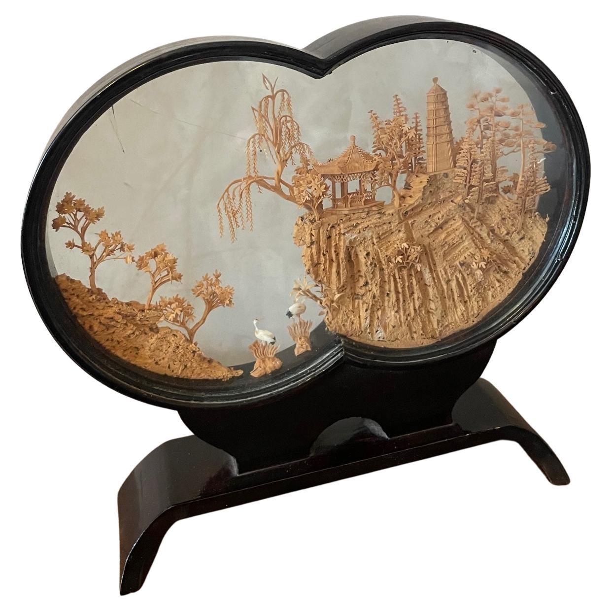 20th Century Chinese Cork Diorama Heart Shape, 1950s For Sale