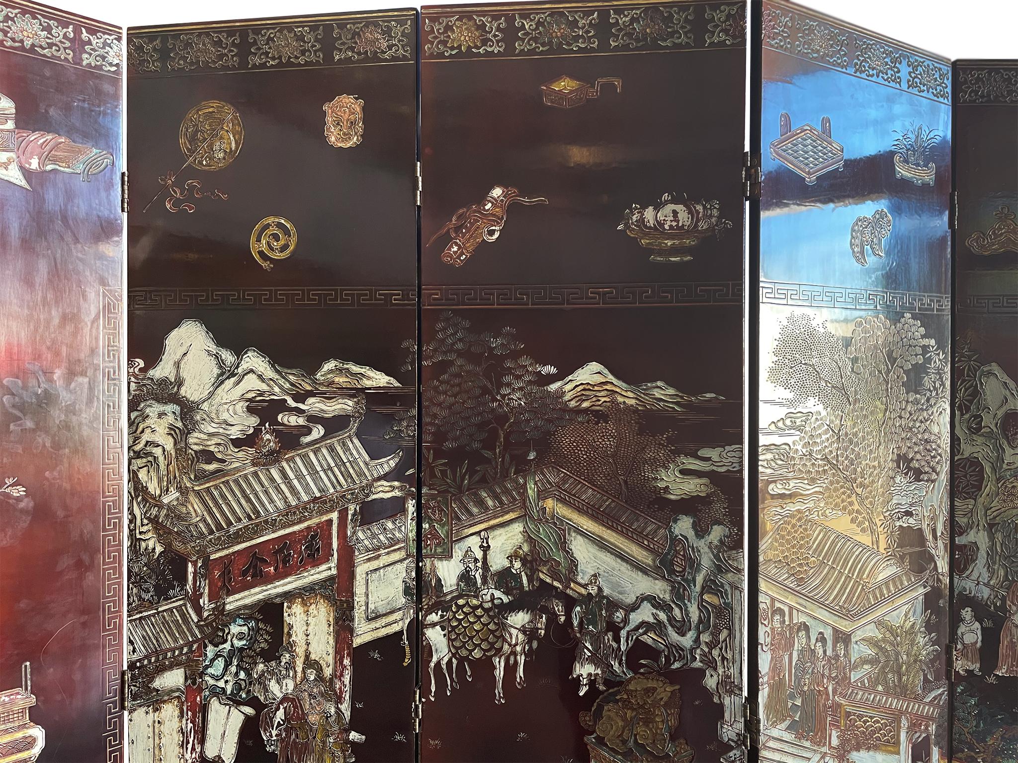 Chinois Paravent chinois Coromandel du 20ème siècle à 6 panneaux pliants en vente