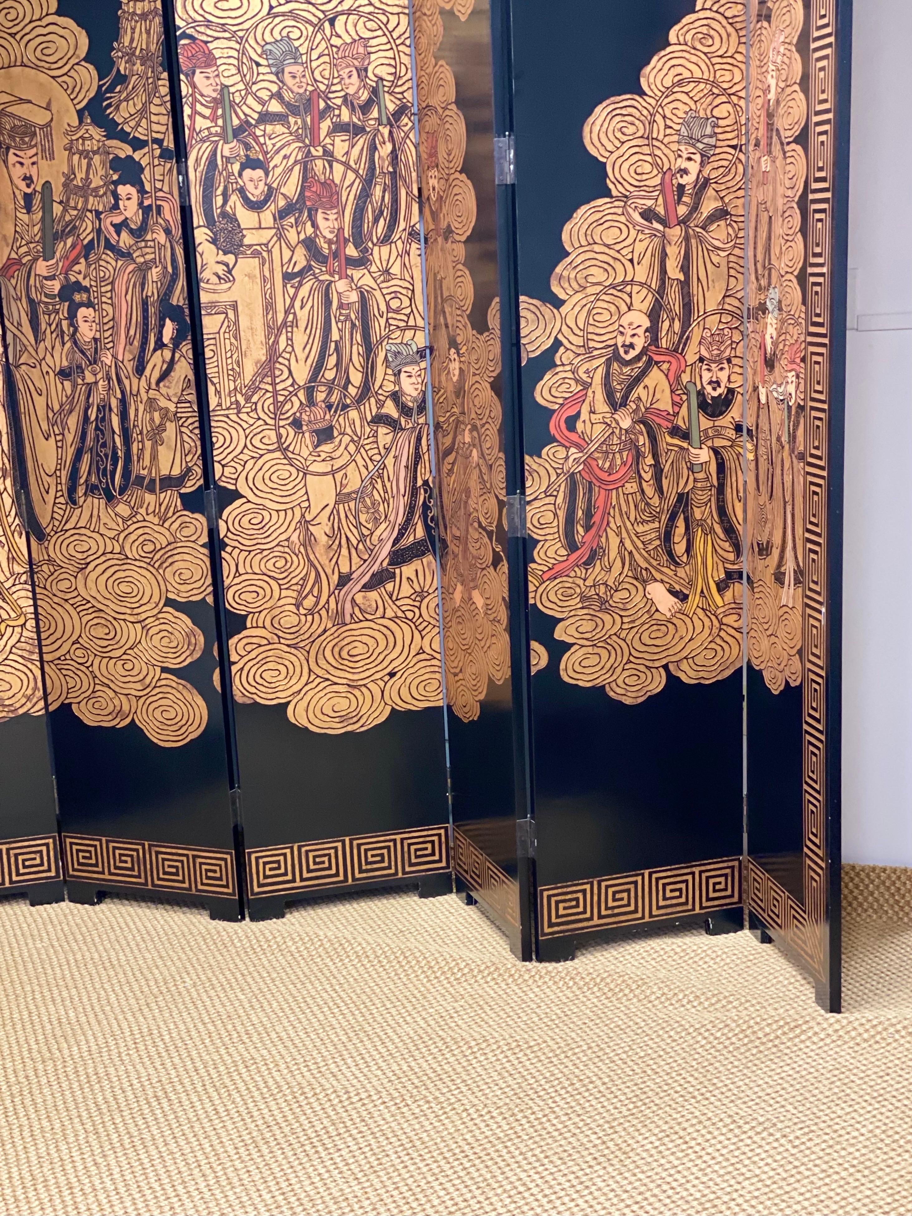 Chinesischer Coromandel-Raumteiler des 20. Jahrhunderts, schwarz vergoldet, achtteilig, unsterbliche Himmelsgöttinnen im Angebot 5