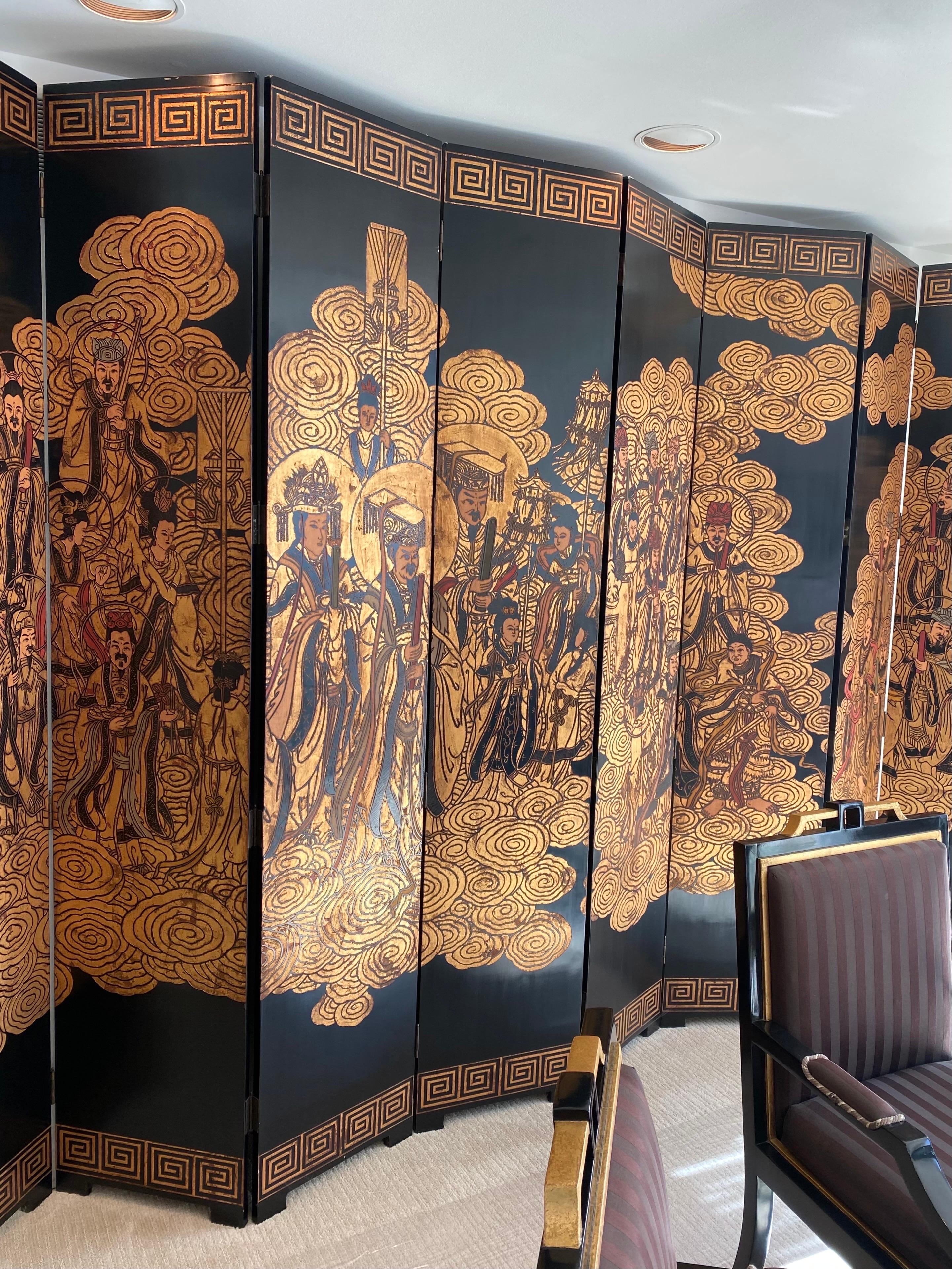 Chinese Export 20th Century Chinese Coromandel Black Gilt Eight-Panel Screen Immortals Sky Gods For Sale