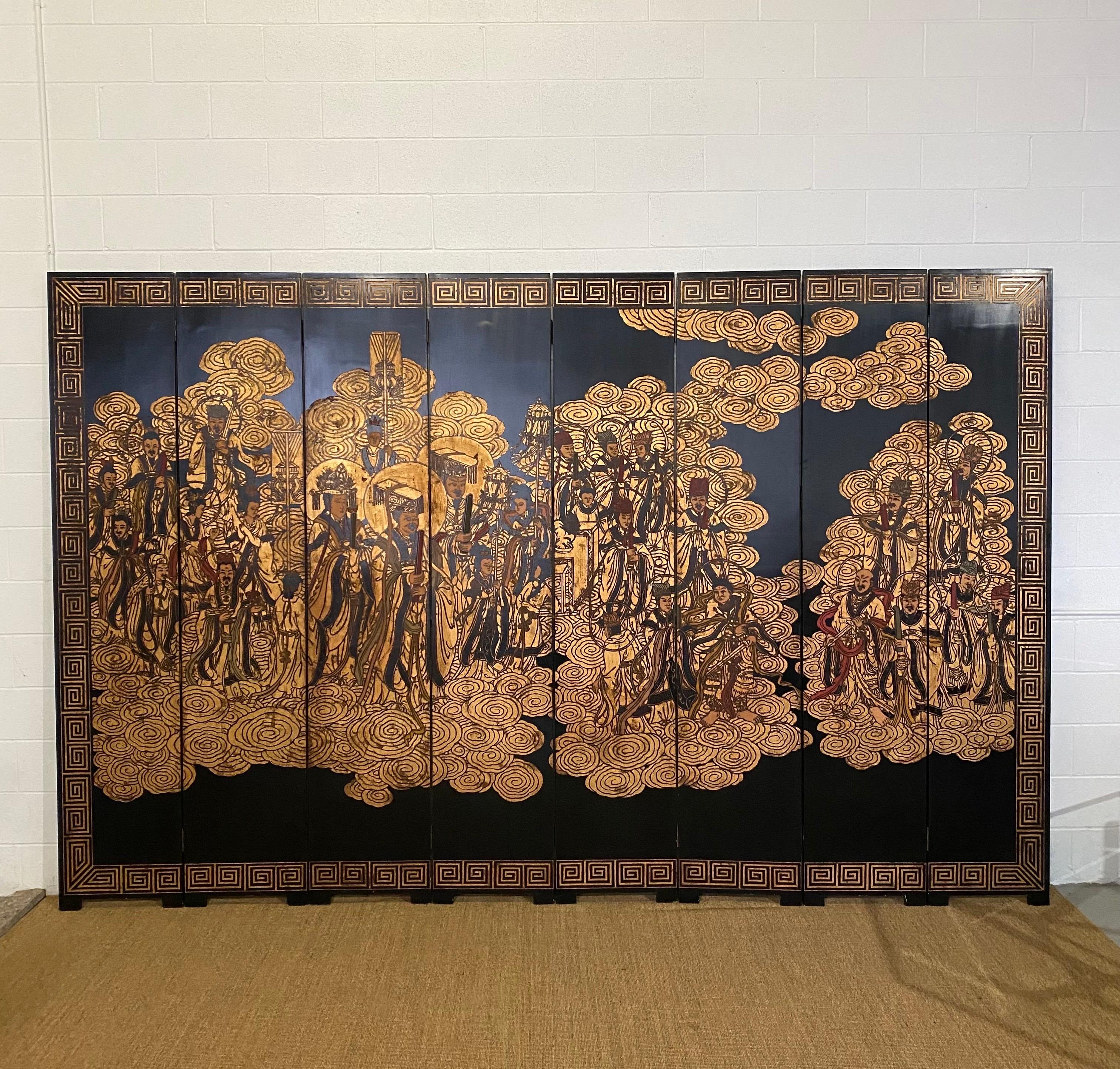 20th Century Chinese Coromandel Black Gilt Eight-Panel Screen Immortals Sky Gods In Good Condition For Sale In Farmington Hills, MI