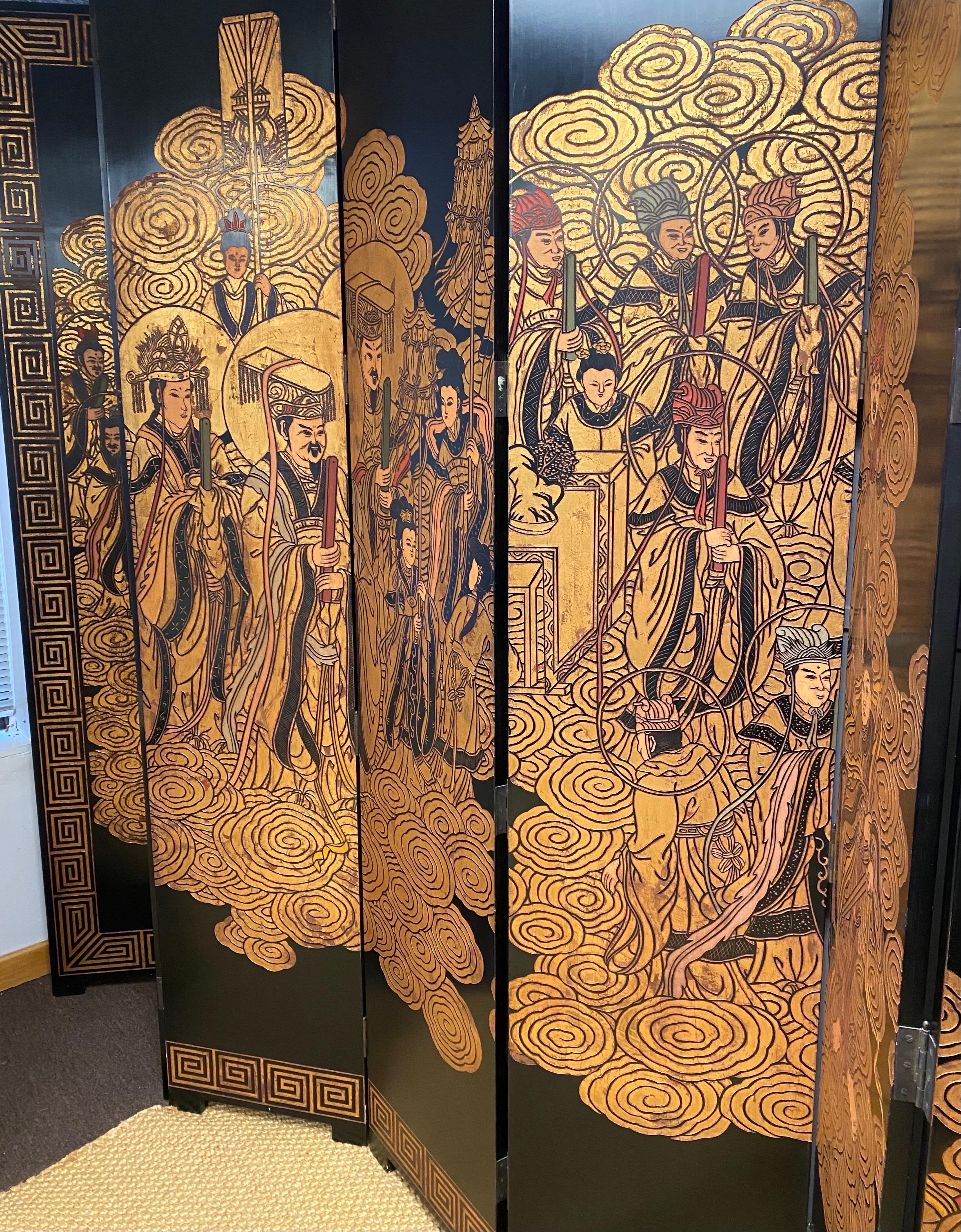 Chinesischer Coromandel-Raumteiler des 20. Jahrhunderts, schwarz vergoldet, achtteilig, unsterbliche Himmelsgöttinnen im Angebot 2