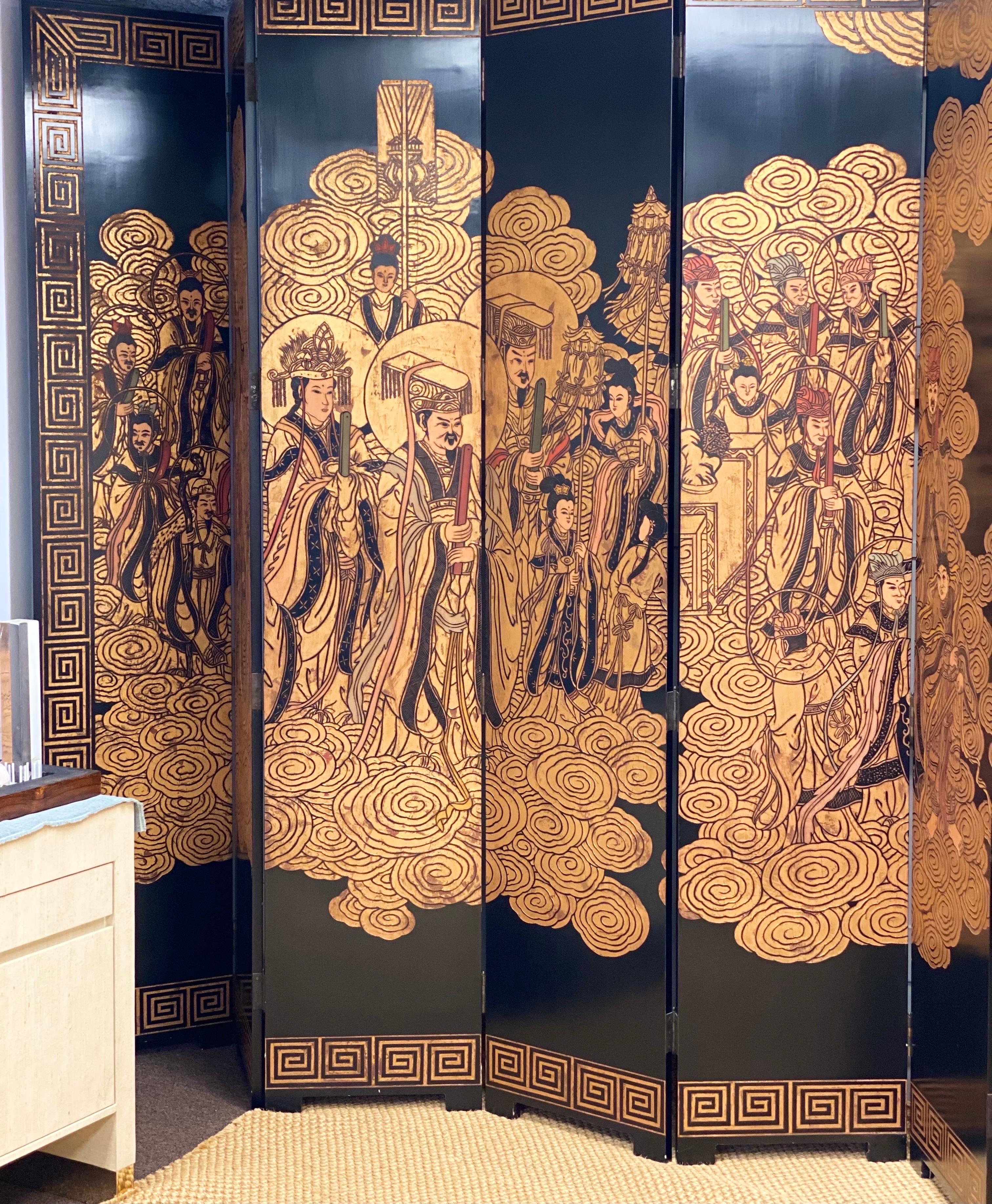 Chinesischer Coromandel-Raumteiler des 20. Jahrhunderts, schwarz vergoldet, achtteilig, unsterbliche Himmelsgöttinnen im Angebot 4
