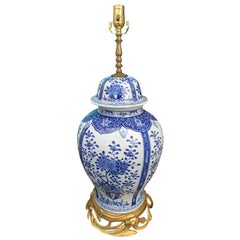 20th Century Chinese Delft Style Blue and White Bronze Mounted Lamp