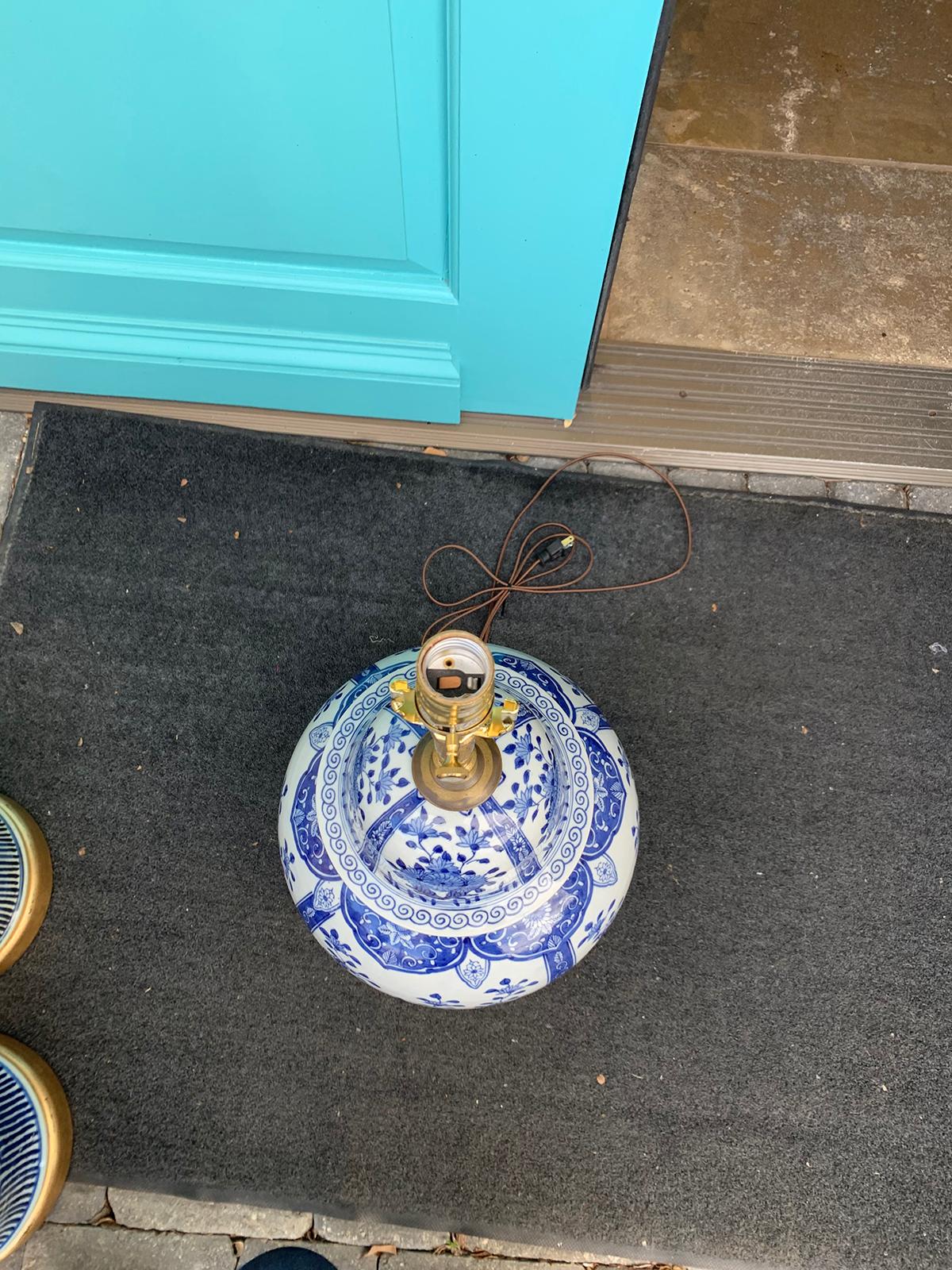 20th Century Chinese Delft Style Blue and White Bronze Mounted Lamp For Sale 7