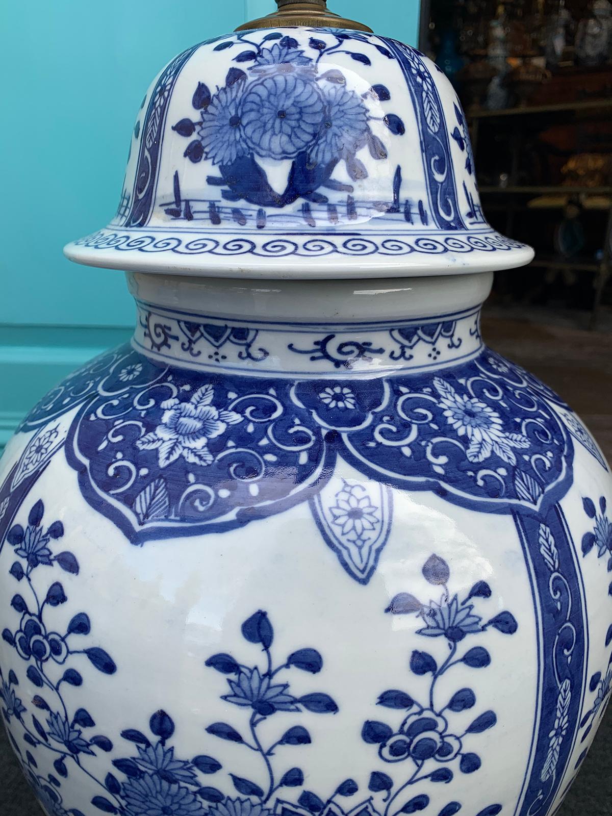 20th Century Chinese Delft Style Blue and White Bronze Mounted Lamp In Good Condition For Sale In Atlanta, GA