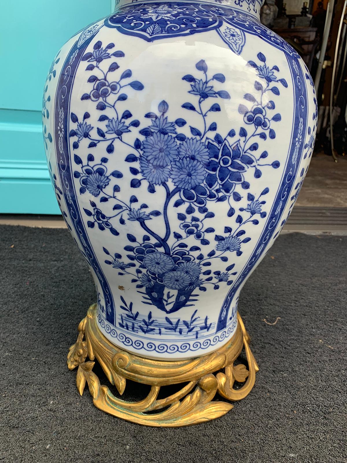 20th Century Chinese Delft Style Blue and White Bronze Mounted Lamp For Sale 2