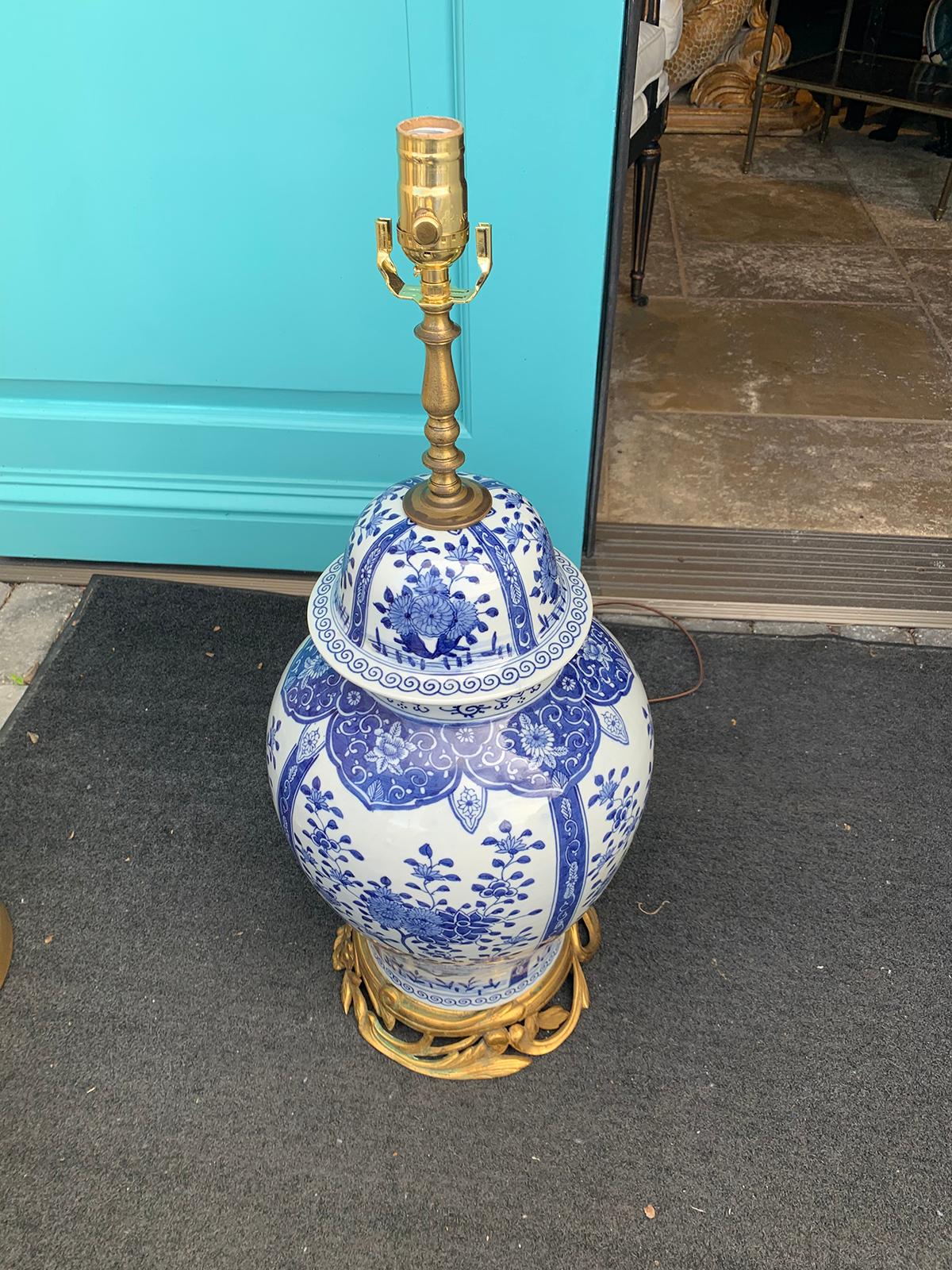 20th Century Chinese Delft Style Blue and White Bronze Mounted Lamp For Sale 3