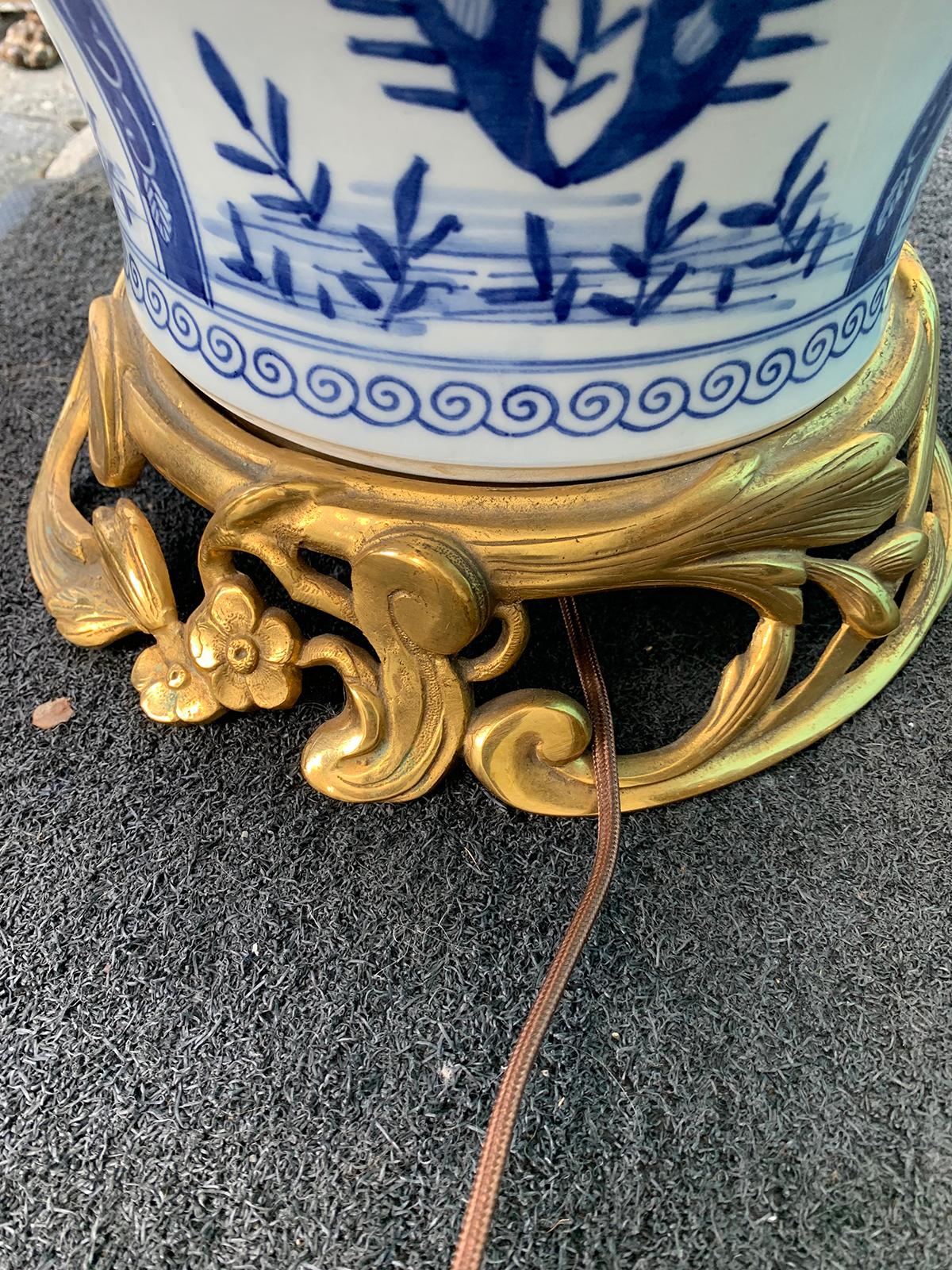 20th Century Chinese Delft Style Blue and White Bronze Mounted Lamp For Sale 5