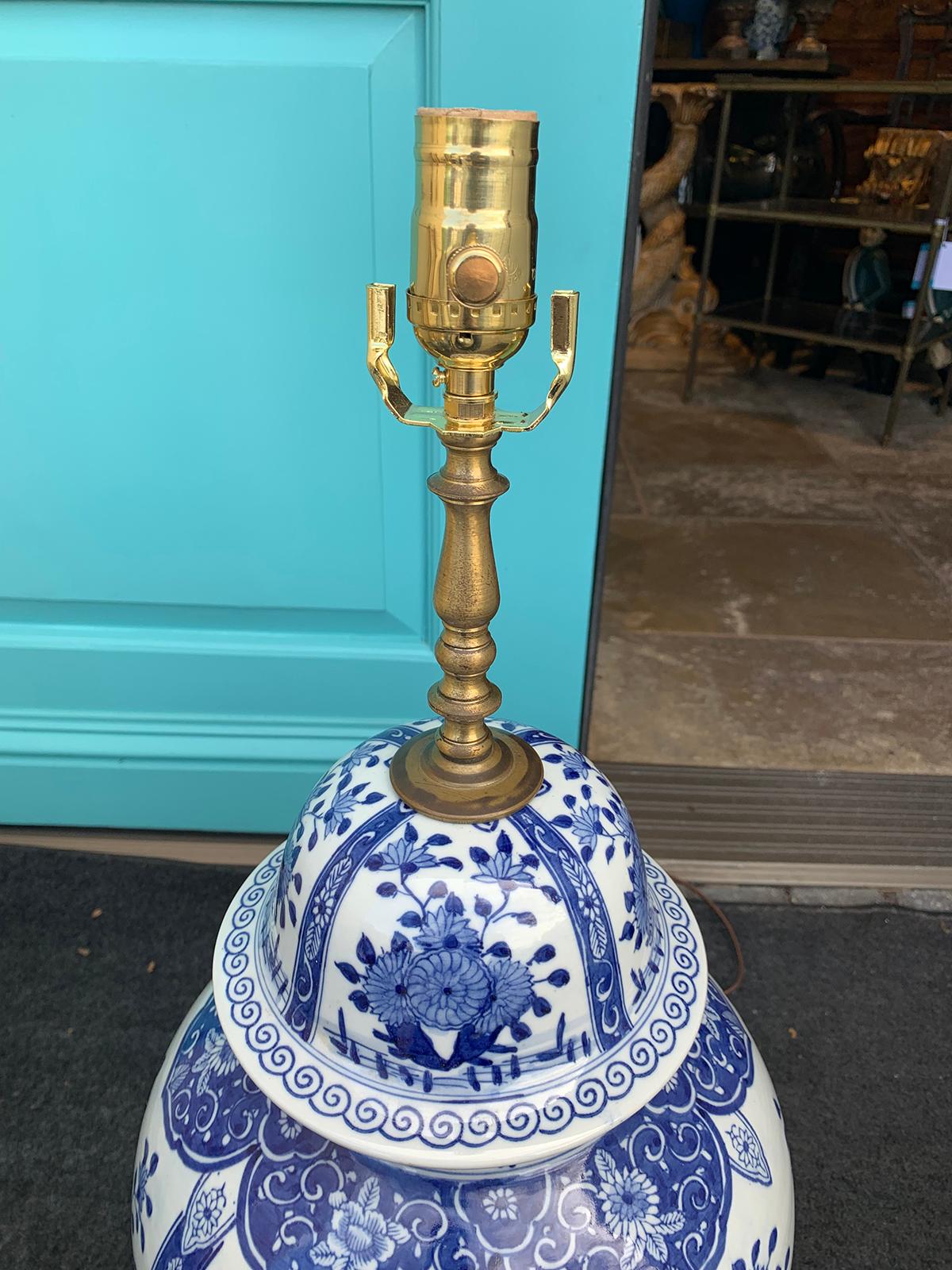 20th Century Chinese Delft Style Blue and White Bronze Mounted Lamp For Sale 6