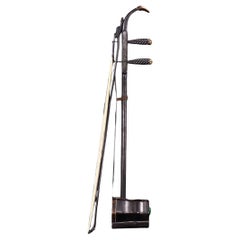 20th Century Chinese Ebony Silver String Erhu with Gemstone Inlay