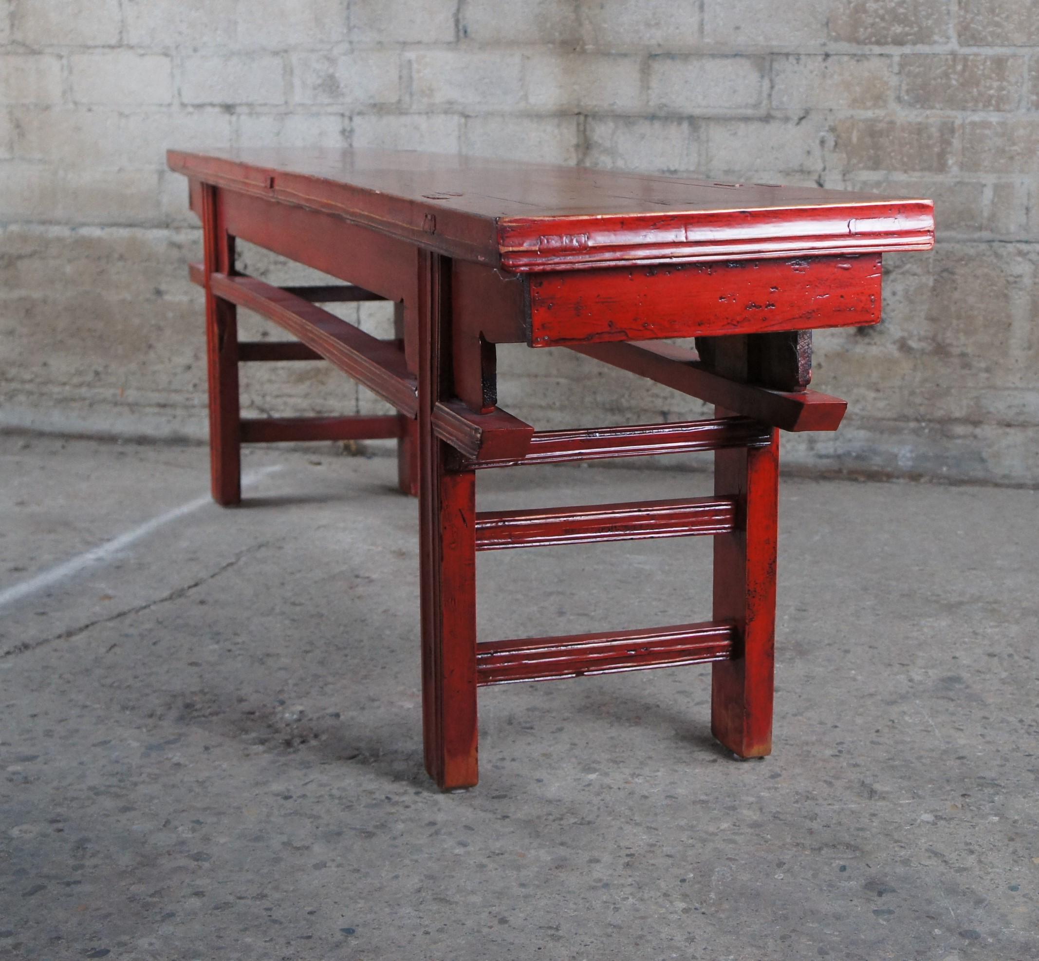 20th Century Chinese Elm Red Lacquer Chinoiserie Altar Hallway Bench Seat Pew For Sale 5