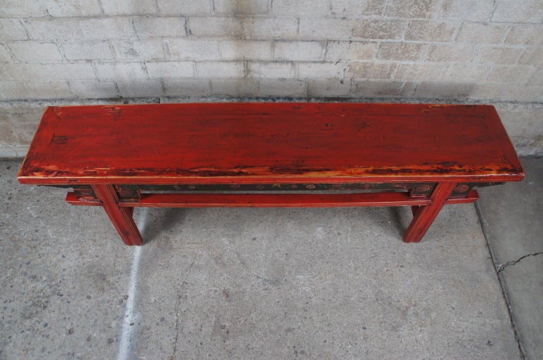 20th Century Chinese Elm Red Lacquer Chinoiserie Altar Hallway Bench ...