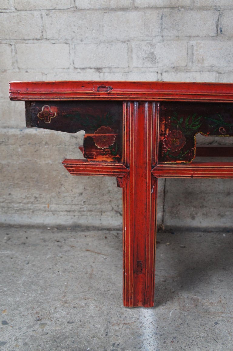 20th Century Chinese Elm Red Lacquer Chinoiserie Altar Hallway Bench Seat Pew For Sale at 1stDibs